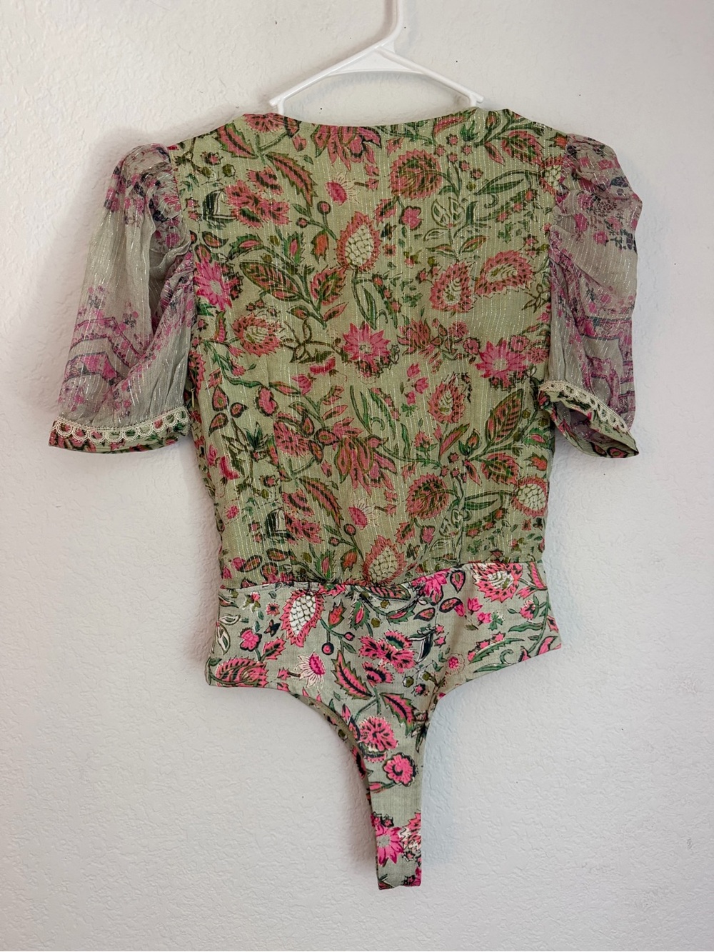 HEMANT & NANDITA Sage Green Floral V-Neck Puff Sleeve Top with Pink Accents - Picture 6 of 9